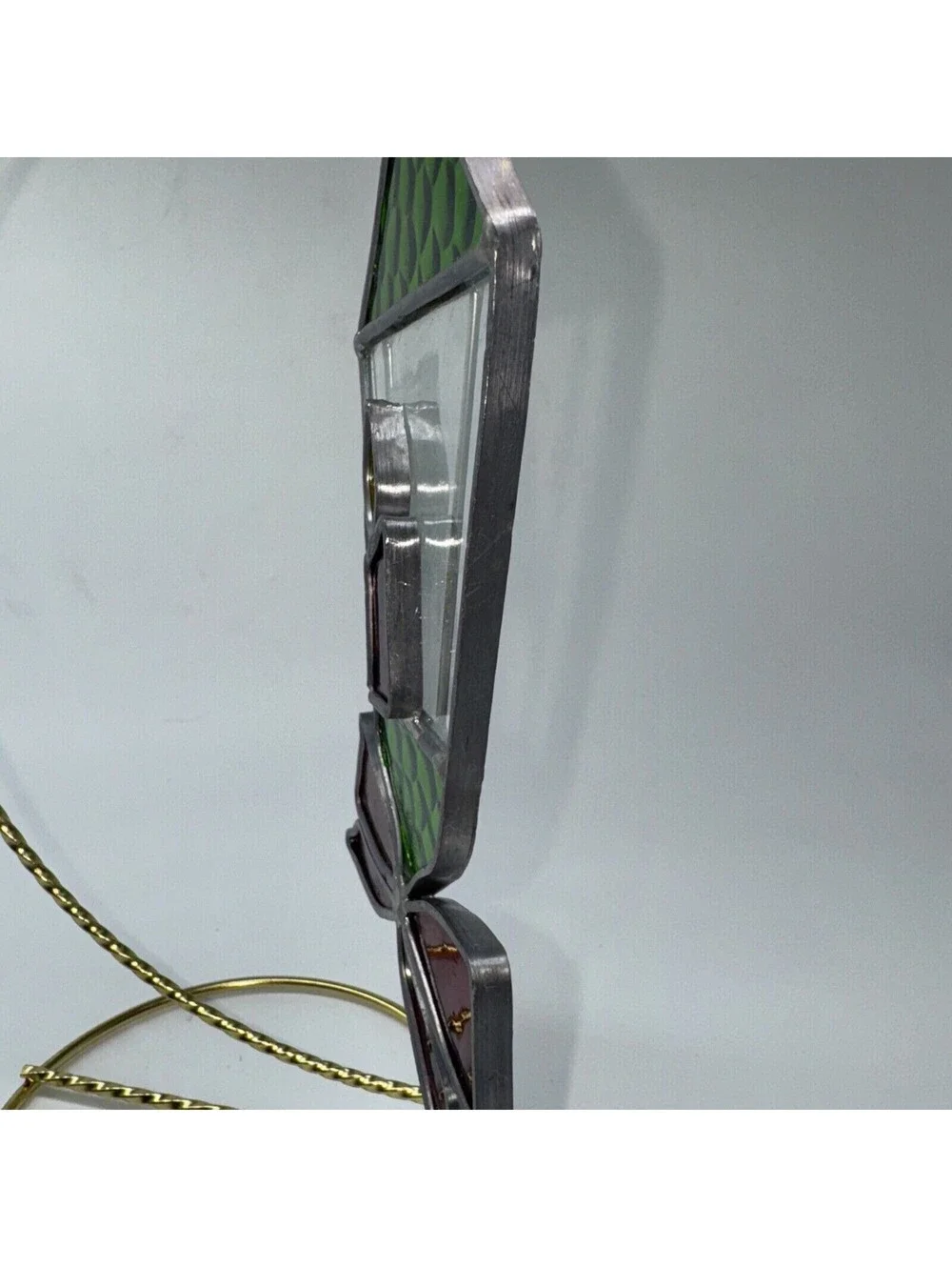 2 Vintage Handmade Stained Glass Suncatcher Ornaments Santa Candle Lantern Bow